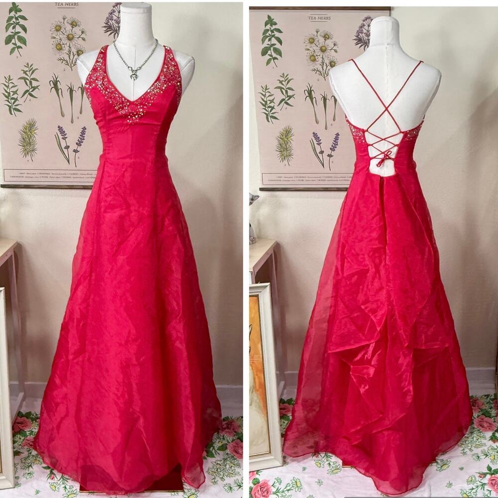 90s Y2k Rhinestone Corset Lace Up Back Formal Dress Glam Princess Barbie Hoco XS